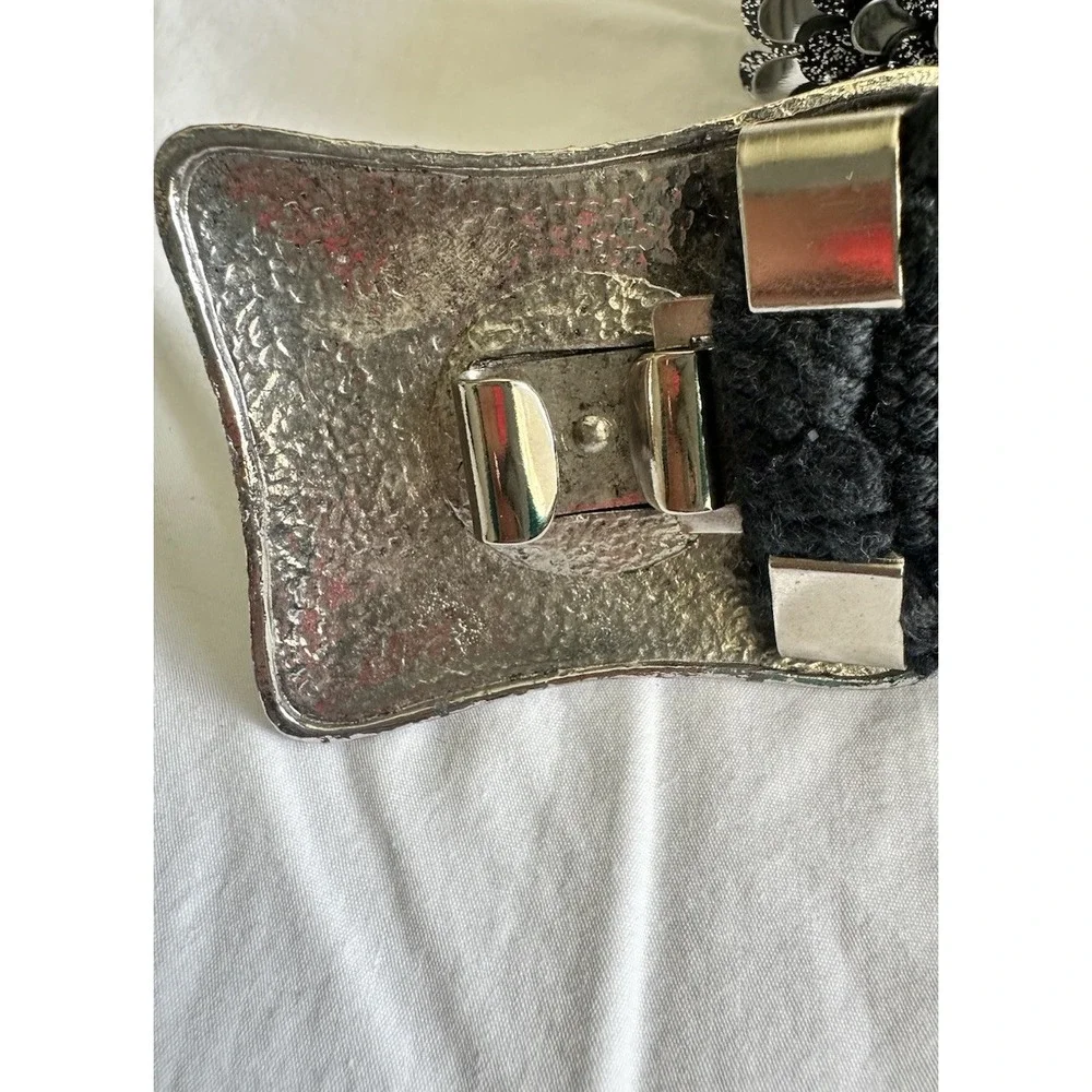 Vintage Metal Big Silver Tone Buckle Stretch Dress Blue Belt Scales Flower